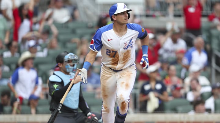 Braves third baseman Austin Riley hits a home run against the Tampa Bay Rays during the seventh inning at Truist Park on June 13.