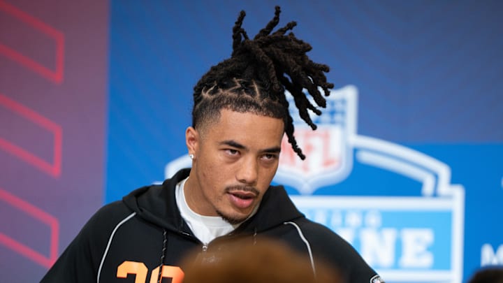 Feb 27, 2026; Indianapolis, IN, USA; Southern California wideout Makai Lemon (WO29) speaks to members of the media during the NFL Combine at the Indiana Convention Center. Mandatory Credit: Jacob Musselman-Imagn Images