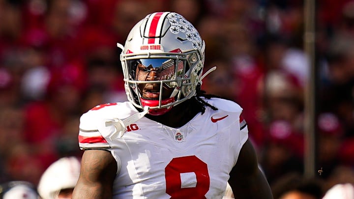 Ohio State Buckeyes linebacker Arvell Reese (8) reacts during the game against the Wisconsin Badgers at Camp Randall Stadium on Saturday, Oct. 18, 2025 in Madison, Wisconsin.