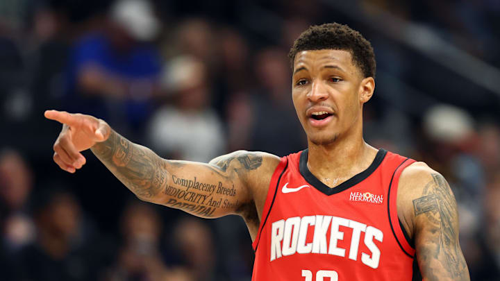 Apr 7, 2026; Phoenix, Arizona, USA; Houston Rockets forward Jabari Smith Jr. (10) against the Phoenix Suns at Mortgage Matchup Center. Mandatory Credit: Mark J. Rebilas-Imagn Images