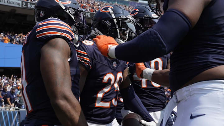 Sep 8, 2024; Chicago, Illinois, USA; Chicago Bears cornerback Tyrique Stevenson (29) celebrates his touchdown  interception during the second half at Soldier Field. Mandatory Credit: David Banks-Imagn Images