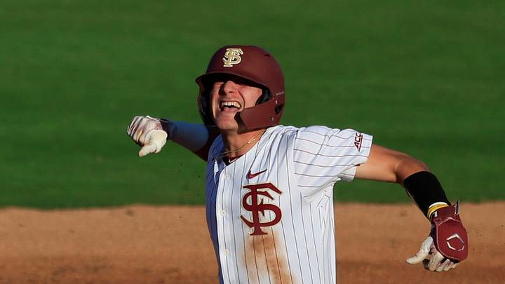 Florida St. infielder Alex Lodise (1) reacts to his double at second base during the first inning of an NCAA college baseball matchup Tuesday, March 25, 2025 at VyStar Ballpark in Jacksonville, Fla. FSU rallied to defeat UF 8-4 off a walk-off grand slam from Alex Lodise in the ninth inning.