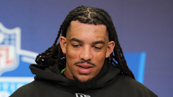 Feb 25, 2026; Indianapolis, IN, USA; TCU linebacker Kaleb Elarms--Orr (LB06) speaks during the NFL Scouting Combine at the Indiana Convention Center. Mandatory Credit: Kirby Lee-Imagn Images