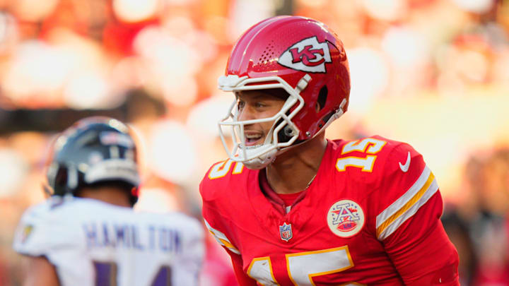 Sep 28, 2025; Kansas City, Missouri, USA; Kansas City Chiefs quarterback Patrick Mahomes (15) celebrates after a touchdown during the third quarter against the Baltimore Ravens at GEHA Field at Arrowhead Stadium. Mandatory Credit: Jay Biggerstaff-Imagn Images
