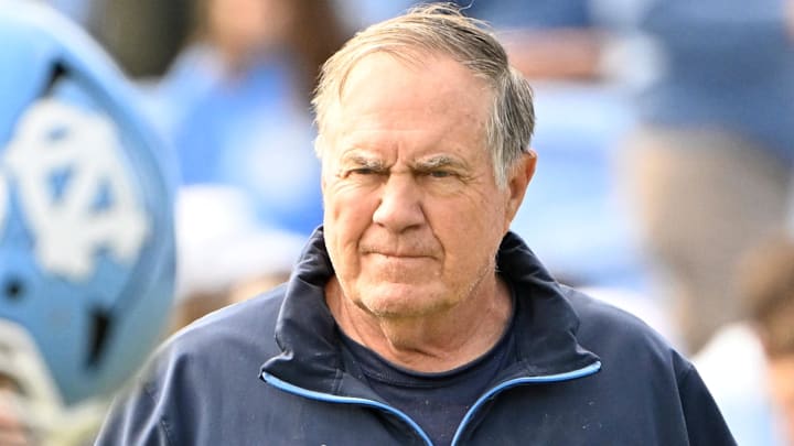 Oct 25, 2025; Chapel Hill, North Carolina, USA; North Carolina Tar Heels head coach Bill Belichick with the team before the game at Kenan Stadium. Mandatory Credit: Bob Donnan-Imagn Images
