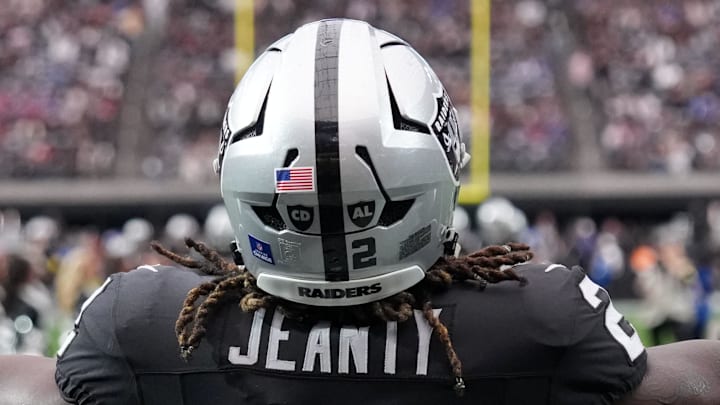 Dec 28, 2025; Paradise, Nevada, USA; Las Vegas Raiders running back Ashton Jeanty (2) enters the field before the game against the New York Giants at Allegiant Stadium. Mandatory Credit: Kirby Lee-Imagn Images