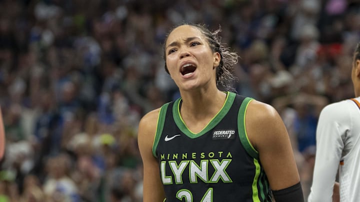 Sep 21, 2025; Minneapolis, Minnesota, USA; Minnesota Lynx forward Napheesa Collier (24) celebrates after defeating the Phoenix Mercury during game one of the second round for the 2025 WNBA Playoffs at Target Center. Mandatory Credit: Jesse Johnson-Imagn Images