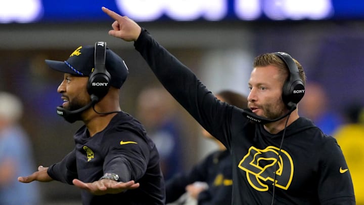 Nov 16, 2025; Inglewood, California, USA; Los Angeles Rams assistant head coach Aubrey Pleasant with head coach Sean McVay on the sidelines during the second half against the Seattle Seahawks at SoFi Stadium. Mandatory Credit: Jayne Kamin-Oncea-Imagn Images Nov 16, 2025; Inglewood, California, USA; Los Angeles Rams assistant head coach Aubrey Pleasant with head coach Sean McVay on the sidelines during the second half against the Seattle Seahawks at SoFi Stadium. Mandatory Credit: Jayne Kamin-Oncea-Imagn Images