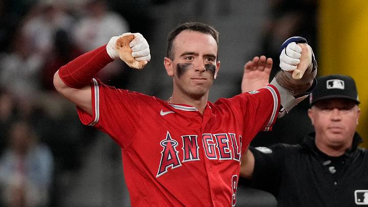 Aug 22, 2026; Arlington, Texas, USA;  Los Angeles Angels shortstop Zach Neto (9) reacts after hitting a double against the Texas Rangers during the third inning at Globe Life Field. Mandatory Credit: Raymond Carlin III-Imagn Images