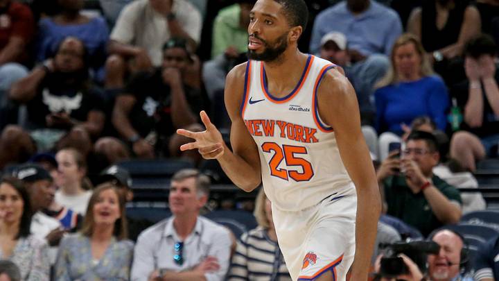 Apr 1, 2026; Memphis, Tennessee, USA; New York Knicks guard Mikal Bridges (25) reacts after a basket during the fourth quarter against the Memphis Grizzlies at FedExForum. Mandatory Credit: Petre Thomas-Imagn Images