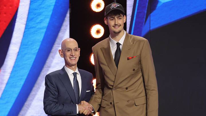 Jun 23, 2026; New York, NY, USA; NBA commissioner Adam Silver greets the twelfth pick in the 2026 NBA draft, Michigan center Aday Mara after he was selected by the Oklahoma City Thunder at Barclays Center. Mandatory Credit: Brad Penner-Imagn Images Jun 23, 2026; New York, NY, USA; NBA commissioner Adam Silver greets the twelfth pick in the 2026 NBA draft, Michigan center Aday Mara after he was selected by the Oklahoma City Thunder at Barclays Center. Mandatory Credit: Brad Penner-Imagn Images