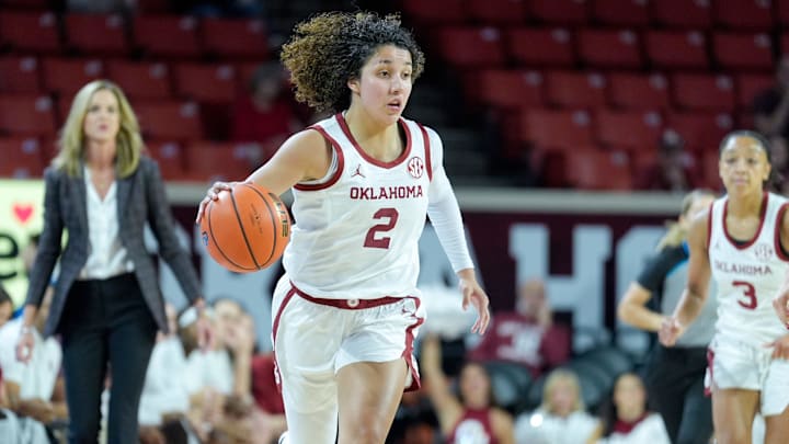 Oklahoma guard Aaliyah Chavez brings the ball up the court for the Sooners.