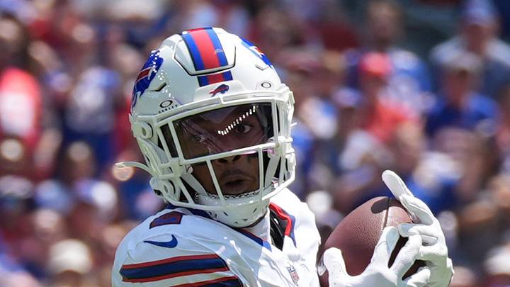 Aug 15, 2026; Orchard Park, New York, USA; Buffalo Bills wide receiver DJ Moore (2) makes a catch against the Carolina Panthers during the first half at New Highmark Stadium. Mandatory Credit: Gregory Fisher-Imagn Images
