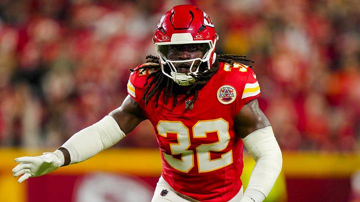 Oct 27, 2025; Kansas City, Missouri, USA; Kansas City Chiefs linebacker Nick Bolton (32) defends during the first half against the Washington Commanders at GEHA Field at Arrowhead Stadium. Mandatory Credit: Jay Biggerstaff-Imagn Images