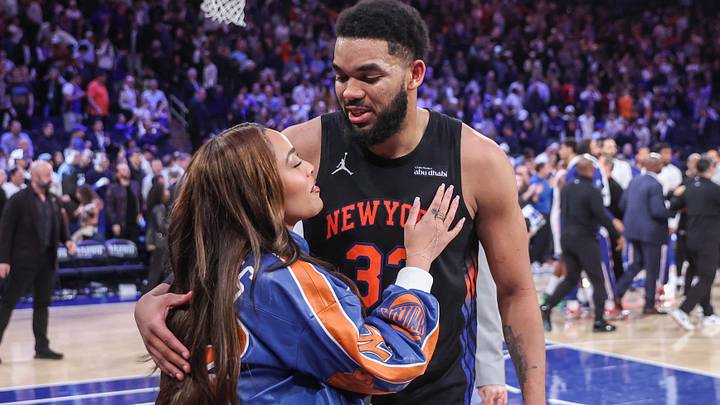 May 6, 2026: New York Knicks center Karl-Anthony Towns (32) greets his fiancee, Jordyn Woods, after defeating the Philadelphia 76ers in the 2026 NBA Playoffs at Madison Square Garden. 
