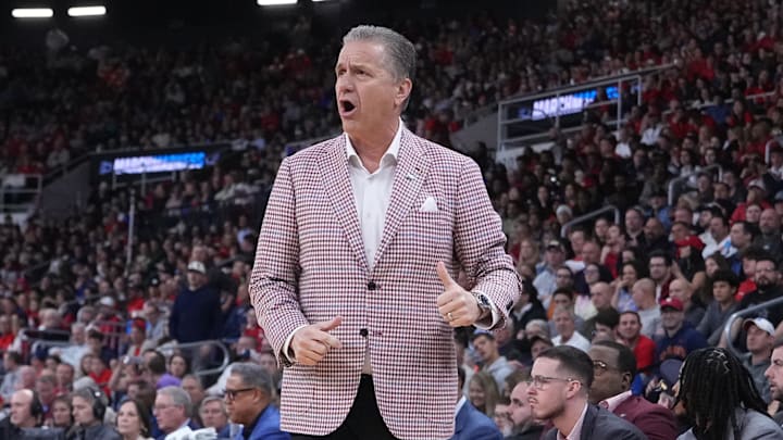 Mar 22, 2025; Providence, RI, USA; Arkansas Razorbacks head coach John Calipari during the first half of a second round men’s NCAA Tournament game against the St. John's Red Storm at Amica Mutual Pavilion. Mandatory Credit: Gregory Fisher-Imagn Images