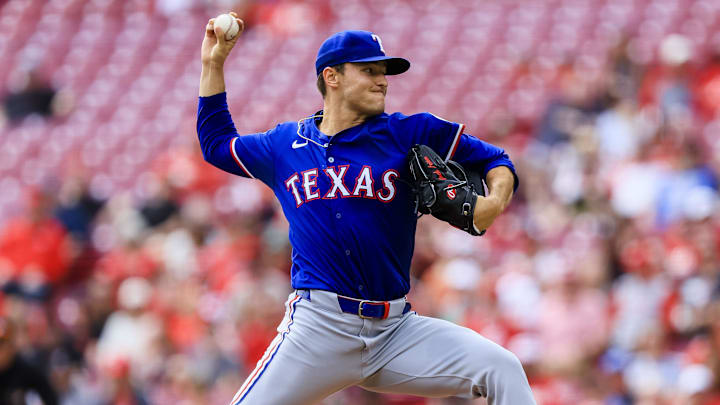 Apr 2, 2025; Cincinnati, Ohio, USA; Texas Rangers starting pitcher Jack Leiter (35) pitches against the Cincinnati Reds in the first inning at Great American Ball Park. Apr 2, 2025; Cincinnati, Ohio, USA; Texas Rangers starting pitcher Jack Leiter (35) pitches against the Cincinnati Reds in the first inning at Great American Ball Park.