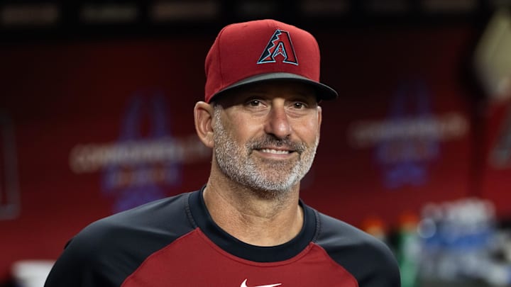 Jul 22, 2025; Phoenix, Arizona, USA; Arizona Diamondbacks manager Torey Lovullo prior to game against the Houston Astros at Chase Field. Mandatory Credit: Mark J. Rebilas-Imagn Images

