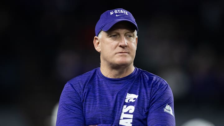 Dec 26, 2024; Phoenix, AZ, USA; Kansas State Wildcats head coach Chris Klieman prior to the game against the Rutgers Scarlet Knights during the Rate Bowl at Chase Field. Mandatory Credit: Mark J. Rebilas-Imagn Images