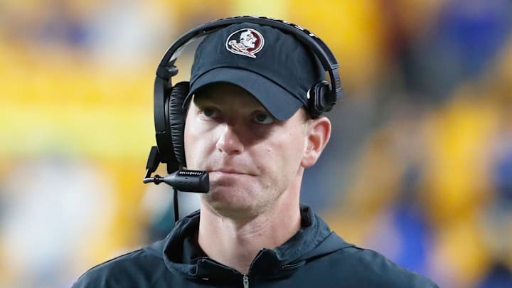 Nov 4, 2023; Pittsburgh, Pennsylvania, USA;  Florida State Seminoles senior offensive analyst of quarterbacks Austin Tucker looks on against the Pittsburgh Panthers during the fourth quarter at Acrisure Stadium. Mandatory Credit: Charles LeClaire-Imagn Images