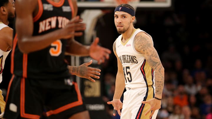 Jan 20, 2022; New York, New York, USA; New Orleans Pelicans guard Jose Alvarado (15) reacts after a three point shot against the New York Knicks during the fourth quarter at Madison Square Garden. Mandatory Credit: Brad Penner-Imagn Images
