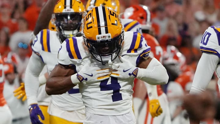 LSU Tigers cornerback Mansoor Delane celebrates after a play against the Clemson Tigers at Memorial Stadium. 