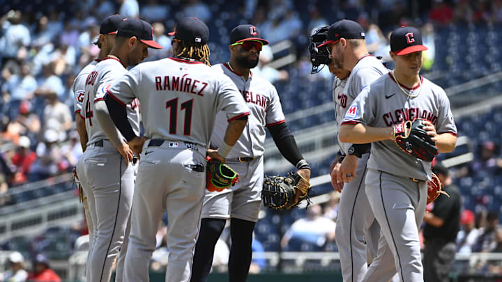 May 7, 2025; Washington, District of Columbia, USA; Cleveland Guardians starting pitcher Logan Allen (26) is removed from the game by manager Stephen Vogt (12) during the fifth inning against the Washington Nationals at Nationals Park. Mandatory Credit: Brad Mills-Imagn Images May 7, 2025; Washington, District of Columbia, USA; Cleveland Guardians starting pitcher Logan Allen (26) is removed from the game by manager Stephen Vogt (12) during the fifth inning against the Washington Nationals at Nationals Park. Mandatory Credit: Brad Mills-Imagn Images