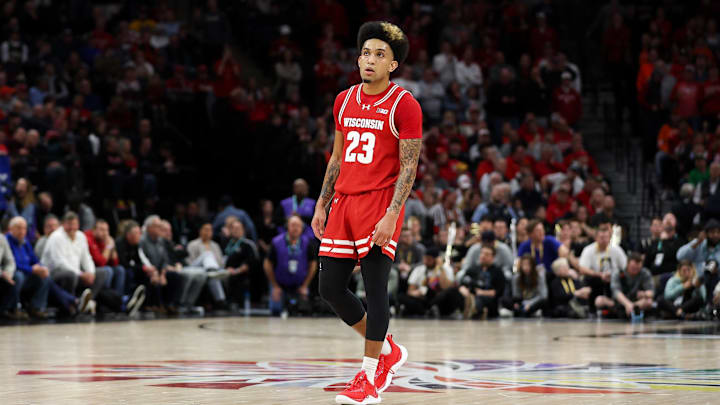 Mar 16, 2024; Minneapolis, MN, USA; Wisconsin Badgers guard Chucky Hepburn (23) looks on during the second half against the Purdue Boilermakers at Target Center. Mandatory Credit: Matt Krohn-Imagn Images