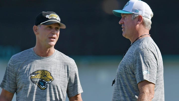 Jaguars general manager Trent Baalke talks with Jacksonville Jaguars head coach Doug Pederson on the field during the fourth day of the NFL football training camp practice session Saturday, July 27, 2024 at EverBank Stadium's Miller Electric Center in Jacksonville, Fla. [Bob Self/Florida Times-Union]