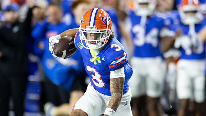 Oct 19, 2024; Gainesville, Florida, USA; Florida Gators wide receiver Eugene Wilson III (3) runs with the ball against the Kentucky Wildcats during the first half at Ben Hill Griffin Stadium. Mandatory Credit: Matt Pendleton-Imagn Images