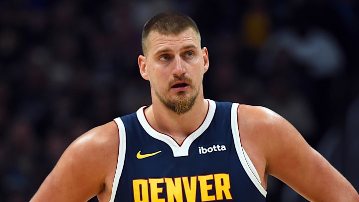 Oct 25, 2025; Denver, Colorado, USA; Denver Nuggets center Nikola Jokic (15) during the first half against the Phoenix Suns at Ball Arena.