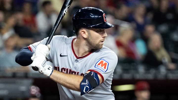 Aug 19, 2025; Phoenix, Arizona, USA; Cleveland Guardians infielder David Fry against the Arizona Diamondbacks at Chase Field. Mandatory Credit: Mark J. Rebilas-Imagn Images Aug 19, 2025; Phoenix, Arizona, USA; Cleveland Guardians infielder David Fry against the Arizona Diamondbacks at Chase Field. Mandatory Credit: Mark J. Rebilas-Imagn Images
