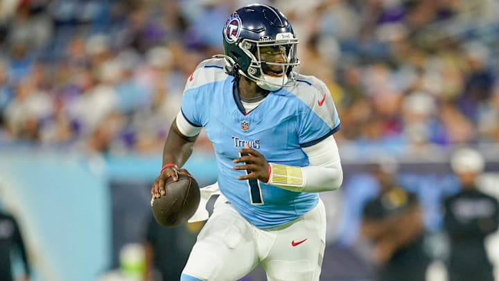 Tennessee Titans quarterback Cam Ward (1) runs the ball during the second quarter of an NFL pre-season game against the Minnesota Vikings at Nissan Stadium in Nashville, Tenn., Friday, Aug. 22, 2025.