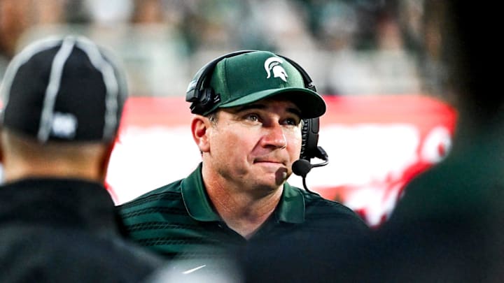 Michigan State's head coach Jonathan Smith looks on during the second quarter in the game against Florida Atlantic on Friday, Aug. 30, 2024, at Spartan Stadium in East Lansing. Michigan State's head coach Jonathan Smith looks on during the second quarter in the game against Florida Atlantic on Friday, Aug. 30, 2024, at Spartan Stadium in East Lansing.