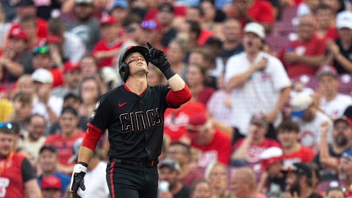 Cincinnati Reds center fielder TJ Friedl (29) reacts after bunting and reaching first base in the fourth inning between Cincinnati Reds and Tampa Bay Rays at Great American Ball Park in Cincinnati on July 25, 2025. Cincinnati Reds center fielder TJ Friedl (29) reacts after bunting and reaching first base in the fourth inning between Cincinnati Reds and Tampa Bay Rays at Great American Ball Park in Cincinnati on July 25, 2025.