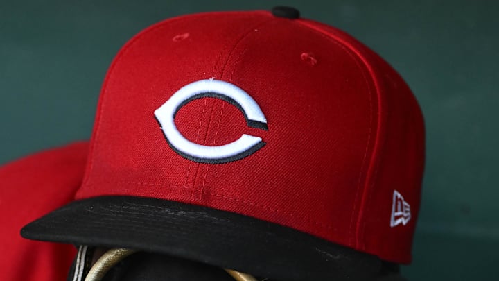Jul 22, 2025; Washington, District of Columbia, USA; General view of Cincinnati Reds hat during the game against the Washington Nationals at Nationals Park. 
