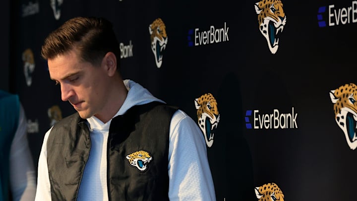 Jacksonville Jaguars general manager James Gladstone walks into the room with head coach Liam Coen following during a press conference at the Miller Electric Center, Wednesday, Jan. 14, 2026, in Jacksonville, Fla.