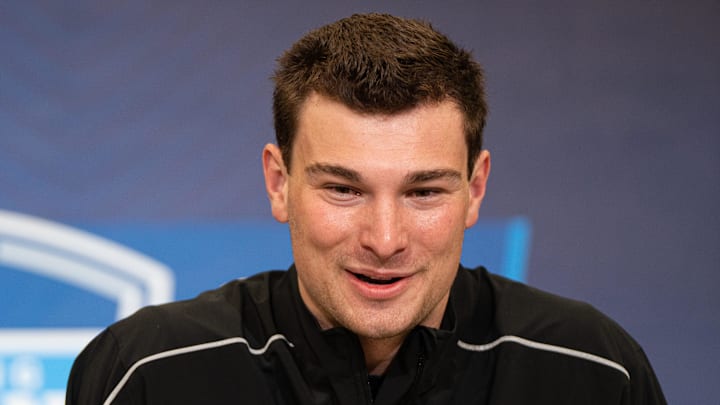 Former Indiana quarterback Fernando Mendoza speaks to members of the media during the NFL Combine.