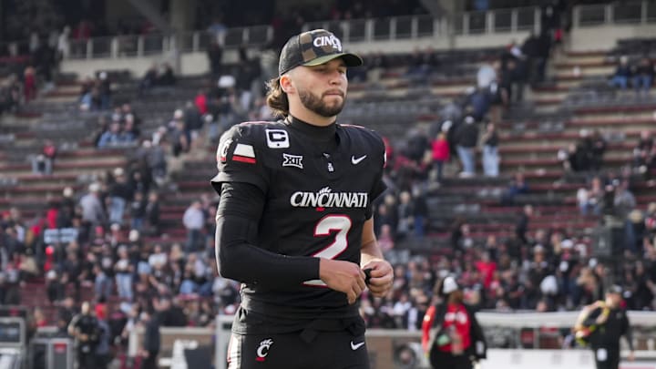 Nov 15, 2025; Cincinnati, Ohio, USA;  Cincinnati Bearcats quarterback Brendan Sorsby walks off the field after his team’s loss to the Arizona Wildcats at Nippert Stadium. Mandatory Credit: Aaron Doster-Imagn Images