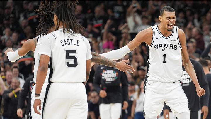 May 24, 2026; San Antonio, Texas, USA; San Antonio Spurs center Victor Wembanyama (1) reacts in the first quarter against the Oklahoma City Thunder during Game 4 of the Western Conference Finals for the 2026 NBA Playoffs at Frost Bank Center. 