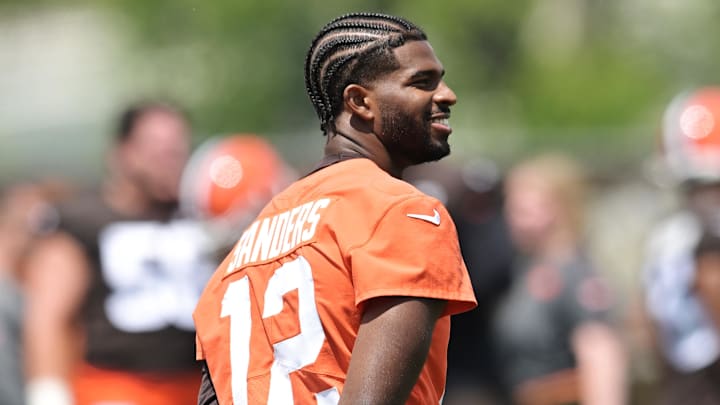 Jun 10, 2025; Berea, OH, USA; Cleveland Browns quarterback Shedeur Sanders (12) during minicamp at CrossCountry Mortgage Campus. Mandatory Credit: Ken Blaze-Imagn Images