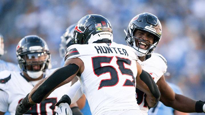 Nov 16, 2025; Nashville, Tennessee, USA; Houston Texans defensive end Will Anderson Jr. (51) celebrates with defensive end Danielle Hunter (55) after his sack of Tennessee Titans quarterback Cameron Ward (1) during the second half at Nissan Stadium. Mandatory Credit: Steve Roberts-Imagn Images Nov 16, 2025; Nashville, Tennessee, USA; Houston Texans defensive end Will Anderson Jr. (51) celebrates with defensive end Danielle Hunter (55) after his sack of Tennessee Titans quarterback Cameron Ward (1) during the second half at Nissan Stadium. Mandatory Credit: Steve Roberts-Imagn Images