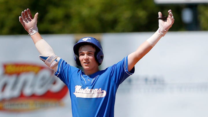 Ft. Cobb-Broxton's Eli Willits celebrates next to Roff's Cade Baldgridge during the Class B state baseball championship game between Ft. Cobb-Broxton and Roff at Edmond Santa Fe High School in Edmond, Okla., Monday, May, 8, 2023.