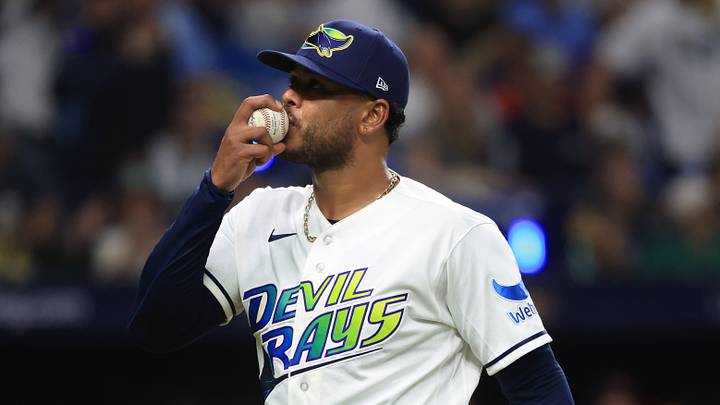 Oct 19, 2026; St. Petersburg, Florida, USA;  Tampa Bay Rays pitcher Freddy Peralta (51) reacts after the inning against the Cleveland Guardians during the third inning in game six of the ALCS for the 2026 MLB Playoffs at Tropicana Field.  Mandatory Credit: Kim Klement Neitzel-Imagn Images