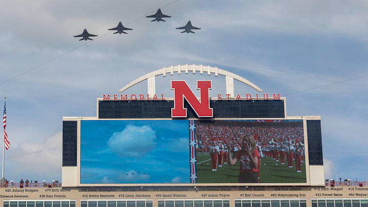 Military flyover before the 2025 Michigan-Nebraska game in Memorial Stadium.