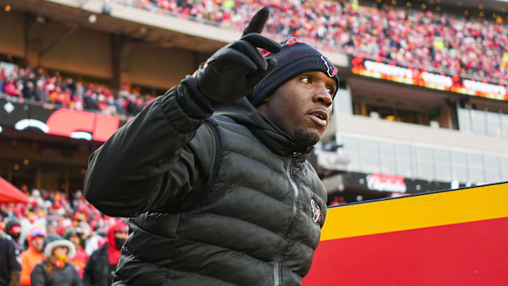Jan 18, 2025; Kansas City, Missouri, USA; Houston Texans head coach DeMeco Ryans takes the field prior to a 2025 AFC divisional round game against the Kansas City Chiefs at GEHA Field at Arrowhead Stadium. Mandatory Credit: Jay Biggerstaff-Imagn Images