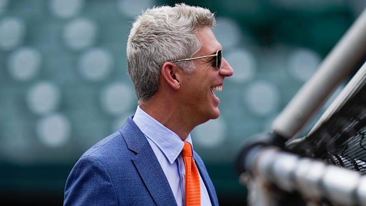 Jul 27, 2022; Baltimore, Maryland, USA; Baltimore Orioles general manager Mike Elias reacts on the field before the game between the Baltimore Orioles and the Tampa Bay Rays at Oriole Park at Camden Yards Jul 27, 2022; Baltimore, Maryland, USA; Baltimore Orioles general manager Mike Elias reacts on the field before the game between the Baltimore Orioles and the Tampa Bay Rays at Oriole Park at Camden Yards