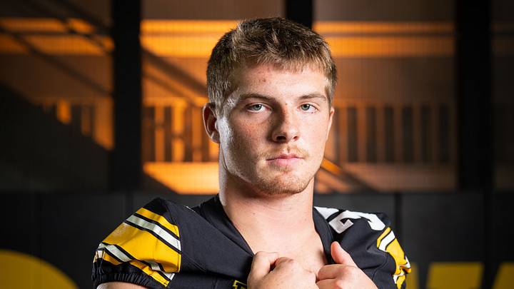 Iowa linebacker Cam Buffington (33) stands for a portrait during Hawkeye football media day, Friday, Aug. 14, 2026, in Iowa City. Iowa linebacker Cam Buffington (33) stands for a portrait during Hawkeye football media day, Friday, Aug. 14, 2026, in Iowa City.