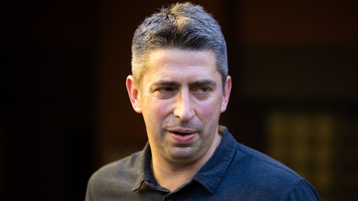 Nov 7, 2023; Scottsdale, AZ, USA; Cleveland Guardians general manager Mike Chernoff speaks to the media during the MLB General Manager's Meetings at Omni Scottsdale Resort & Spa. Mandatory Credit: Mark J. Rebilas-Imagn Images