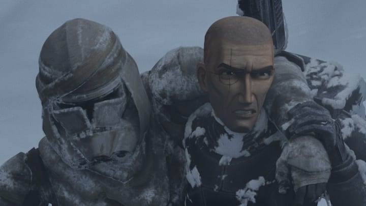 Crosshair carries Mayday in "The Outpost" from Star Wars: the Bad Batch